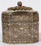 Lot#1245, ANTIQUE SILVER ASH BOX, H 3" W 2 3/4"/Decorated in floral and scrolling foliate motif, with ball form finial at the hinged lid. Measuring H. 3" x 2 3/4" x 1 3/4", with a total approximate weight of 3.50 tr.oz. No apparent markings to the silver.