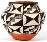 Lot#1280, ACOMA POLYCHROME OLLA, H 8 1/2", DIA 9"A polychrome jar, or olla, decorated with a bold geometric pattern in black and white.  Not signed.