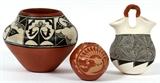 Lot#1282, SOUTHWEST AMERICAN INDIAN POTTERY VESSELS, THREE, H 2 3/4"-5", JEMEZ & ACOMA/Including 1 redware pot with serpent motif by Alvina Yepa, H.2 3/4"; 1 double-spout wedding vessel by B. Garcia, white with black geometric decoration, H.6"; and 1 jar by Amalia Silk, redware with white and black decoration, H.5".  All are signed.  Late 20th century.