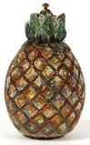 Lot#1361, JUDITH LEIBER PINEAPPLE MINAUDIERE, W 3 1/2"Full bead multi color crystal in shades of green, gold, brown and white, cabochon push button opens to gold leather lining, coin purse, mirror and comb.  Stamped: Judith Leiber, New York.  Measures W. 3 1/2" x 6" (23" to the chain shoulder strap).