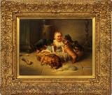 Lot#2001, CARL FRIEDRICH REICHERT (GERMAN, 1836 - 1918), OIL ON CRADLED WOOD PANEL, H 13", W 17""Guests for Breakfast"; depicting baby girl in basket with puppies. Signed and dated 1898, Wien upper right, "Carl  Friedrich Reichert" with the title on a Newhouse Galleries label (#7316), 724 Fifth Ave., NY (2 labels in all). Framed under glass.