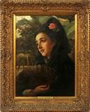 Lot#2003, EDWIN WENSLEY RUSSELL, (ENGLISH, 1855 - 1878) OIL ON CANVAS, H 23", W 18", "A SENORITA",Depicting portrait of a young girl with rose in her hair; M.A. Newhouse & Son, Inc., St Louis, MO, (#6492) labels on verso with title; signed LR.