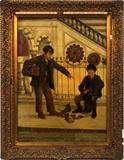 Lot#2004, JOHN CALIFANO, (ITALIAN/AMERICAN 1864 - 1924) OIL ON CANVAS, H 36", W 26", "THAT'S NO SHINE"Two boys on a street below a balcony. Signed lower center. Paper label #5915 with size and title on verso. Gilt wood frame.