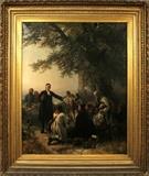 Lot#2005, CARL WILHELM HUBNER (GERMAN 1814-1878), OIL ON CANVAS, 1863, H 48", W 38", "THE SERMON",Depicting a gathering in a mountain forest, approximately 12 figures, listening to a religious man. Elaborate gilt wood and gesso frame. Signed and dated lower center.  M.A. Newhouse & Son, Inc., #6893 ID labels on verso.