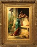 Lot#2007, HEVA COOMANS, (BELGIUM, 1883-1890) OIL ON CANVAS, 1887, H 28", W 20"Depicts two young Italian women meeting at a window, standing figure holding a floral basket. Signed LL and reads, "Paris 1887".  In an elaborate gilt wood and gesso frame. M.A. Newhouse Gallery, St. Louis, MO label on verso.