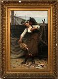 Lot#2010, ALFRED GUILLOU (FRENCH, 1844-1926), OIL ON CANVAS, H 47", W 31", "FISHER GIRL"Depicts a fisherman courting a young girl. Signed in lower. Elaborate gilt wood and gesso frame.