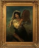 Lot#2011, OTTO MEYER (GERMAN, 1839-1929) OIL ON CANVAS, H 40", W 36", "ROMANY GIRL",Signed lower right and reads ‘Roma 1863’.  Depicts standing figure of a young girl playing a tambourine. Some paint losses along lower edge. Title and artist on label on stretcher. Gilt wood and gesso frame.