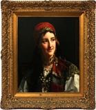 Lot#2012, JAN FREDERIK PIETER PORTIELJE (DUTCH 1829-1895/1908), OIL ON BEVELED WOOD PANEL, H 24", W 19"Portrait of a gypsy girl. Signed upper right. Gilt period frame.