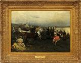 Lot#2014, ANTONI PIOTROWSKI, OIL ON CANVAS, H 18", L 27", "THE COUNTRY FAIR"Antoni Piotrowski [Poland, 1853-1924].  Depicting a country fair with a mare and foal, women dancers and numerous other figures.  Titled and dated 1883 on frame plaque.  18" x 27 1/2".