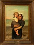 Lot#2016, HENRI JACQUES BOURCE (BELGIAN 1826-1899), OIL ON CANVAS, H 48", W 32", "MATERNAL HAPPINESS"Some loss along lower edge of canvas.  Depicts young mother with child walking along seashore.  Gilt wood and gesso frame, under glass.  Newhouse Galleries, labels on verso (#7343).