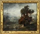 Lot#2032, DOUGLAS ARTHUR TEED, OIL ON CANVAS, H 25", W 30" (AMERICAN, 1864 - 1929)Signed lower right. Depicts a landscape with a large tree to the right and with hills in the background. Hand carved period frame.