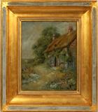 Lot#2035, CHARLES EPHRAIM BURCHFIELD (AMERICAN 1893-1967), OIL ON BOARD, H 20", W 16", COTTAGE WITH FLOWERS//Signed lower right with the Burchfield symbol; gilt frame.