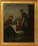 lot#2036, MYRON BARLOW, OIL ON CANVAS, 1900, H 36", L 28", "TEA TIME"Myron Barlow [American 1873-1937].  The oil on canvas is mounted on masonite.  Depicting a genre scene depicting two women, one of whom is pouring tea.  Signed lower right and dated 1900.  Labeled Detroit Institute of Arts. Ex-Collection of Sybil Jaques, Lakeshore Drive, Grosse Pointe Farms, MI.