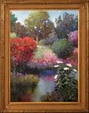 Lot#2043, KENT R. WALLIS (AMERICAN, 1945-), OIL ON CANVAS, 48" X 36"Depicts a forest, pond with flowers. Gilt frame. From the Danielle Gallery, Scottsdale, AZ.