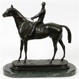 Lot#2065, AFTER ALFRED BARYE FILS BRONZE SCULPTURE, H 15.5", L 16.5", RACEHORSE WITH JOCKEY UP//Alfred Barye Fils [French 1839-1882].  Original cast dated 1868.  On a marble base H 1.5".