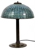 Lot#2073, TIFFANY STUDIOS ART GLASS TABLE LAMP, H 22 1/2", DIA 16"Base DIA 9 1/2". Grey blue hues of blues. Bronze base #526.  Partially worn signature on shade "Tiffany Studios, New York".  Partially worn number stamped on shade "_1_36".