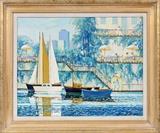 Lot#2097, ANATOLY SHLAPAK, OIL ON CANVAS H 24" W 30" RIVER FRONT CAFE/Ukrainian artist born 1924.  Label from Burger Co.