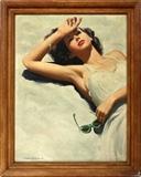 Lot#2116, ROBERT GEORGE HARRIS, OIL ON BOARD H 22" W 17" MODEL//Model on beach with green sunglasses, Signed lower left "R. G. Harris", 1911 - 2007. Harris was an illustrator who was especially noted for cover illustrations in "Wild West Weekly".
