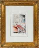 Lot#2157, LOUIS ICART, COLOR ETCHING, H 7.75", L 5.5", "WHAT A SURPRISE"Louis Icart [French, 1888-1950].  From the "La Nuit et le Moment" suite.  Signed lower right, framed and matted under glass.  Framed size H 17.75", L 14.75".