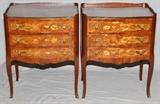 Lot#2197, LOUIS XV STYLE MARQUETRY INLAID MAHOGANY COMMODES, PAIR, H 25", W 14", L 20"Each having three floral marquetry inlaid drawers.