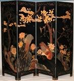 Lot#2226, HAND PAINTED 4 PANEL WOOD ORIENTAL SCREEN, H 84", L 96"Having a black base with bud, flower and tree design.  Cream, brown, green and burnt orange colors.