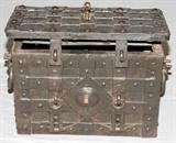 Lot#11, SPANISH STYLE IRON STRONG BOX, CIRCA 1800'S, H 14", L 19.5", D 12.75"Iron strapped strong box, handles on each side with a key lock on the lid.
