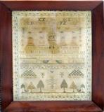 Lot#32, VINTAGE AMERICAN PICTORIAL AND ALPHABET SAMPLER, 1845, H 23", L 17"//Signed Elizabeth Utler and dated 1845.  Framed under glass.