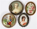 Lot#44, FRENCH LIMOGES, HAND PAINTED PORCELAIN BROOCHES, 4 PCS., H 1 1/2"two are portraits, one a courting scene and one a still life of flowers. Three stamped Limoges France on the verso.