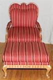 Lot#63, LEXINGTON WALNUT UPHOLSTERED ARM CHAIR AND OTTOMAN//In the Queen Anne style the chair is H 39", W 29", D 34", with cranberry colored upholstery and accompanied by a matching ottoman, 34" x 24".