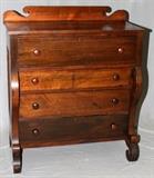 Lot#65, AMERICAN MAHOGANY EMPIRE, CHEST OF DRAWERS, C19TH C, H 48", W 45", D 23"four drawer chest, with contoured backsplash, scroll form front frames and front legs, four full width drawers with turned button pulls.