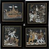 Lot#135, HINDU THAI DEITY FOLK ART ON SILK, FRAMED. 4 PCS., H 17", W 19"//Four Hindu folk art paintings on silk, black lacquer frames measuring 23" H. x 23 1/2". Depicting battle scene with elephants. Long boat with oarsmen, warrior on chariot and women carrying baskets with children.
