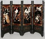 Lot#136, JAPANESE TEAK WOOD AND MOTHER OF PEARL COROMANDEL SCREEN, H 68", L 92"Each of the four panels is on wheels and features mother of pearl bird designs in high relief.