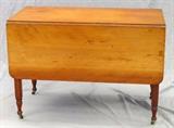 Lot#189, MAHOGANY DROP LEAF TABLE 19TH C, H 29", W 41", D 20"//Depth of  leaves 15"; legs are turned at the top to square tapered and raised on brass casters. Circa 1870. beading at edge of apron.