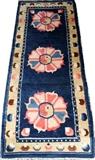 Lot#197, TIBETAN SINO PEKING RUNNER EARLY 19TH C., H 2' 4", W 6' 4"//With a 'ying yang' design in the center of a pink and blue flower, with a blue ground and three outside borders including one beige primary border with geometric figures.