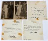 Lot#202, WINSTON CHURCHILL SIGNED NOTE, WEDDING AND ANNIVERSARY, ETC. 5 PCS.//includes one note hand written in blue fountain pen and signed by Winston Churchill, dated 1960, thanking person for birthday wishes. Also includes news prints of Churchill and wife's wedding photo and anniversary photo. Also two notes signed by Churchill's secretary signed thank you notes, one dated 1962 and the other dated 1964.