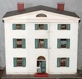Lot#292, DOLL HOUSE WITH ROOM SETTINGS, C. 1920, H 36" L 40"Hand painted doll house. Set includes four wax and composition doll figures, and 48 plus pieces of furniture and décor.