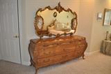 Bombe style triple dresser, with ornate mirror, part of Master BR set.