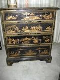 PAIR OF 4 DRAWER BLACK LACQUER ORIENTAL CHEST WITH EMBOSSED GOLD DECOR made for the trade.