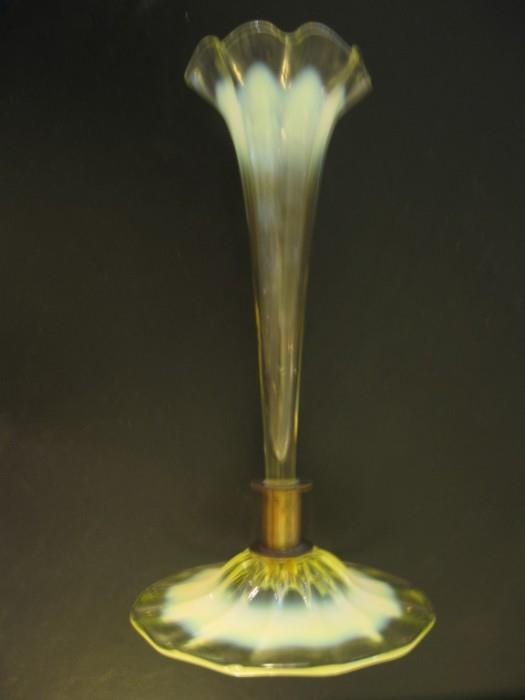 9" SIGNED "LOUIS C. TIFFANY D943 FAVRILE" FLUTED OPALESCENT YELLOW TRUMPET VASE 