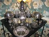 STERLING & SILVERPLATE...1800'S S/P HUNT SERVERS & BISCUIT BARREL