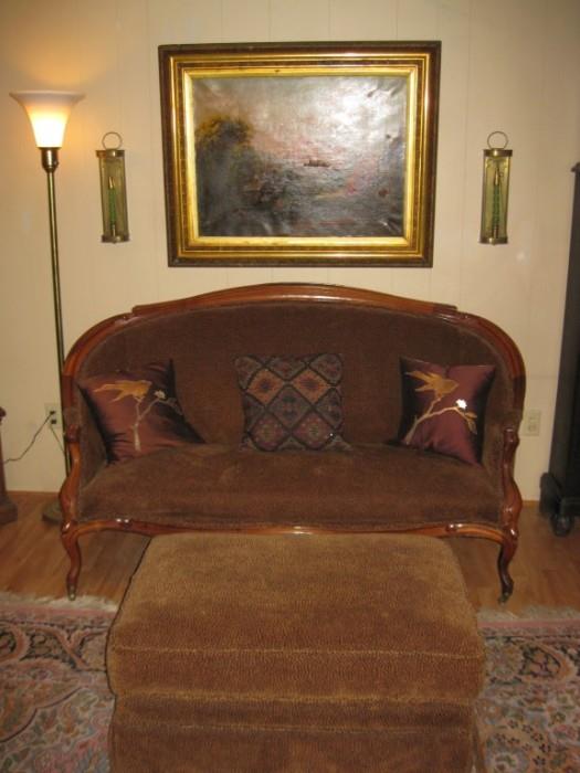 ANTIQUE FRENCH SOFA & NEWER OTTOMAN