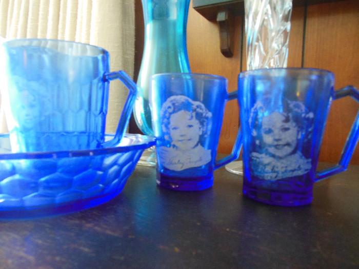 Blue Depression Glass Shirley Temple Pitcher Glassware