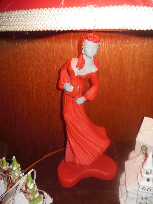 Mid Century RED Ceramic Tambourine Dancer? Table Lamp,Red Silk Shade.One of a kind..Red Glowing