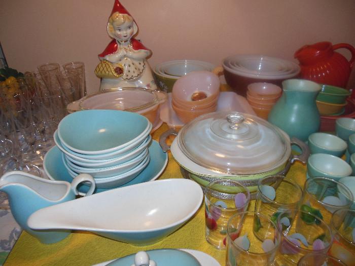 Hullware Little Red Riding Hood Cookie Jar ,Vintage Pyrex Mixing Bowls, Various Mid Century dinnerware