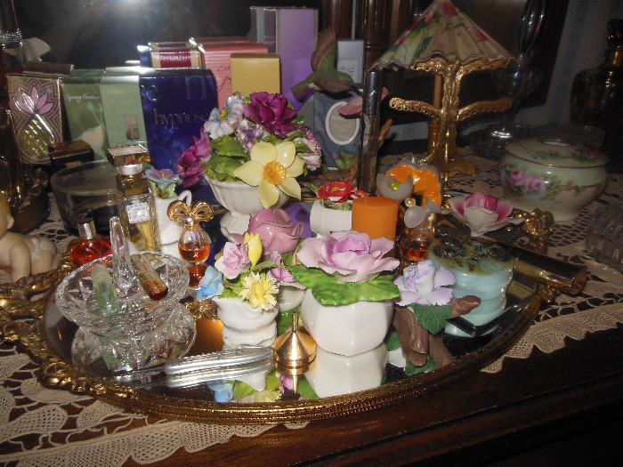 Dresser FILLED.Bone Chine Flowers, perfume Bottles, Vanity Items