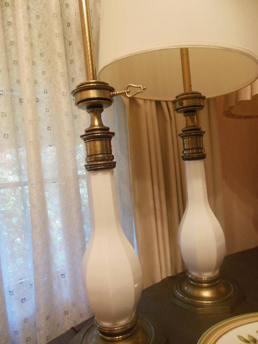Steiffel Brass Porcelain Lamps.Silk Shades