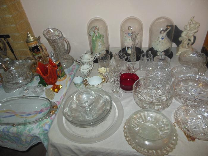 Many tables filled with Crystal,Pressed, Glass, Mid Century, Pitchers, Steins..etc etc