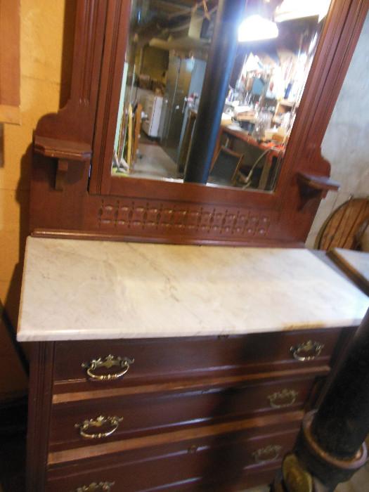 Eastlake Mahogany Hand Carved 4 Drawer Chest.With Swing Mirror.Marble (cracked) still gorgeous,with Candle Tops