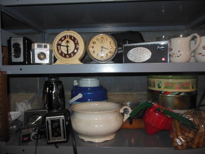 Clocks,Radios, Cameras..FILLED SHELVES in basement