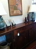 lovely dining room server or entry table; pair of extra nice celadon lamps; Asian art